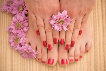 Image showing female feet and hands at spa salon