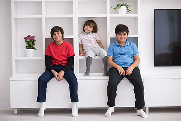 Image showing young boys posing on a shelf