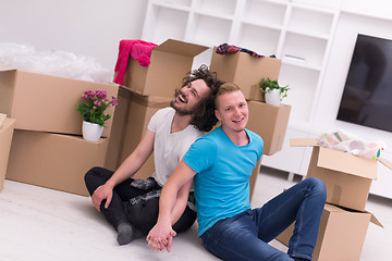 Image showing young  gay couple moving  in new house