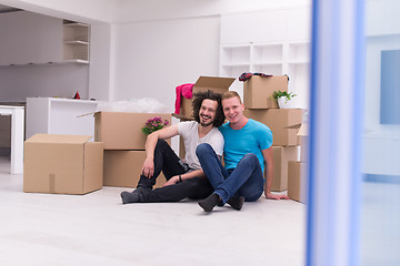 Image showing young  gay couple moving  in new house