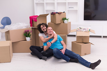 Image showing young  gay couple moving  in new house