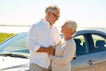 Image showing happy senior couple at car in summer