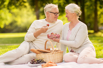 Image showing senior couple with strawberries at picnic in park