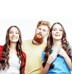 Image showing company of hipster guys, bearded red hair boy and girls students