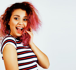 Image showing young happy smiling latin american teenage girl emotional posing on white background, lifestyle people concept