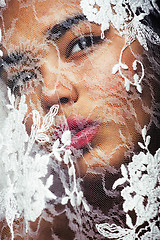 Image showing portrait of beauty young afro woman through white lace, like new