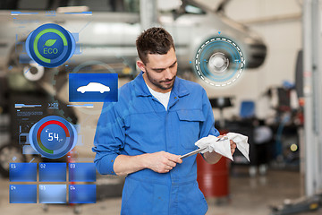 Image showing auto mechanic or smith with wrench at car workshop