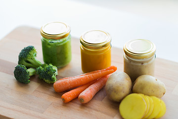 Image showing vegetable puree or baby food in glass jars