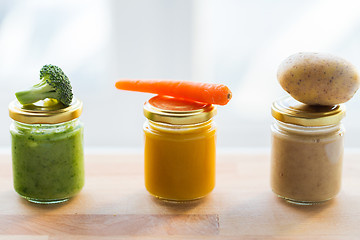 Image showing vegetable puree or baby food in glass jars