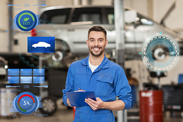 Image showing happy mechanic man with clipboard at car workshop