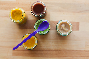 Image showing vegetable or fruit puree or baby food in jars