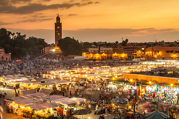 Image showing Jamaa el Fna market square in sunset, Marrakesh, Morocco, north Africa.