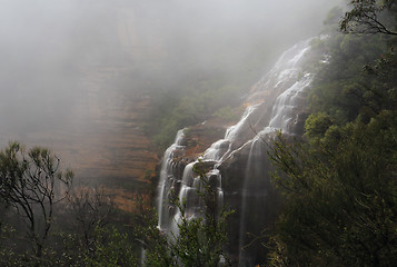 Image showing Blue Mountains and waterfall in heavy fog