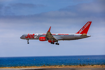 Image showing ARECIFE, SPAIN - APRIL, 15 2017: Boeing 757 - 200 of JET2 with t