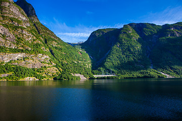 Image showing Fjord Landscape with high mountains and deep fjords of western N