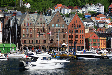 Image showing BERGEN HARBOR, NORWAY - MAY 27, 2017: Private boats on a row alo