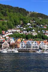 Image showing BERGEN HARBOR, NORWAY - MAY 27, 2017: Private boats on a row alo