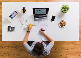 Image showing woman with papers and cup of drink at office