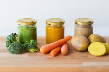 Image showing vegetable puree or baby food in glass jars