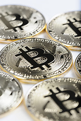 Image showing Macro view of shiny Bitcoin souvenire coins