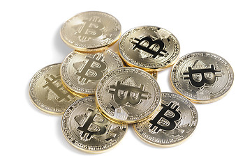 Image showing Shiny Bitcoin souvenire coins row isolated