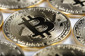 Image showing Macro view of shiny Bitcoin souvenire coins