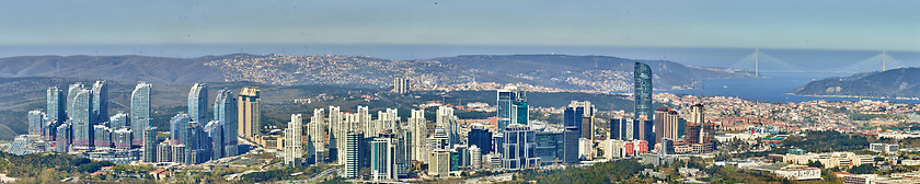 Image showing Istanbul, Turkey - April 3, 2017: Skyscrapers in the Maslak. Shooting through the glass. Retro style.