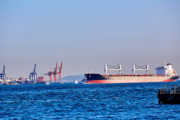 Image showing Blue Tanker Ship Passing in Bosphorus Strait