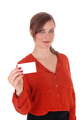 Image showing Woman holding a business card up.