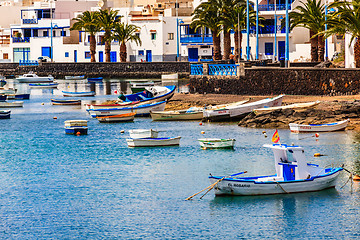 Image showing Small fishing boats in the lagoon in the capital Arrecife in Lan