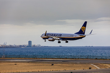 Image showing ARECIFE, SPAIN - APRIL, 15 2017: Boeing 737-800 of RYANAIR landi