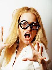 Image showing bookworm, cute young blond woman in glasses, blond hair, teenage goofy, lifestyle people concept 