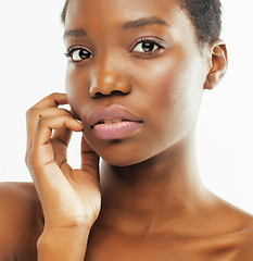 Image showing young pretty african american woman naked taking care of her skin isolated on white background, healthcare people concept 