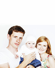 Image showing young cute happy modern family, mother father son isolated on white background, lifestyle people concept, ginger mom