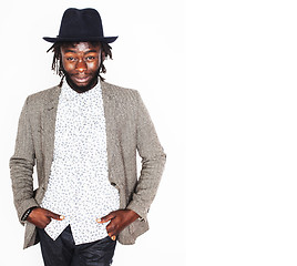 Image showing young handsome afro american boy in stylish hipster hat gesturin