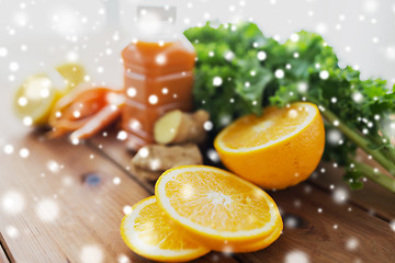 Image showing orange, bottle of carrot juice and vegetables