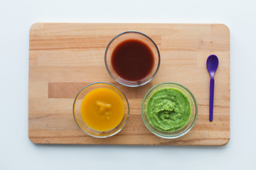 Image showing vegetable puree or baby food in glass bowls