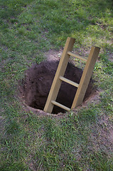 Image showing Ladder coming out of a dirt hole in the ground 