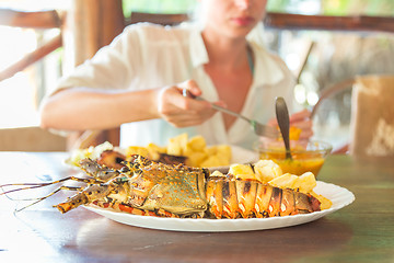 Image showing Grilled lobster served with potatoes and coconut sauce.