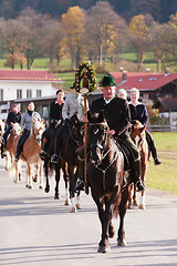 Image showing Hundham, Germany, Bavaria 2017-11-04: Leonhardi ride in the Bavarian Hundham