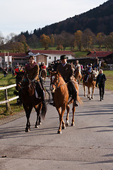 Image showing Hundham, Germany, Bavaria 04.11.2017: Leonhardi ride in the Bavarian Hundham