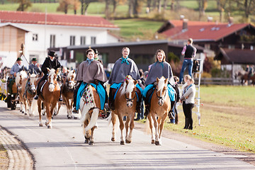 Image showing Hundham, Germany, Bavaria 04.11.2017: Leonhardi ride in the Bavarian Hundham