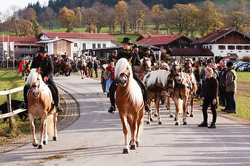 Image showing Hundham, Germany, Bavaria 04.11.2017: Leonhardi ride in the Bavarian Hundham