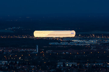 Image showing Night aerial view of exterior football stadium Allianz Arena