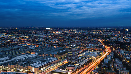 Image showing Evening Munich birds eye panoramic cityscape view with BMW