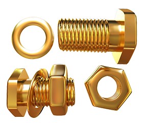 Image showing Gold Bolt with nut. 3d illustration
