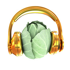 Image showing Green cabbage with headphones on a white background. 3d illustra