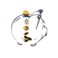 Image showing glass piggy bank with golden coins. 3d illustration