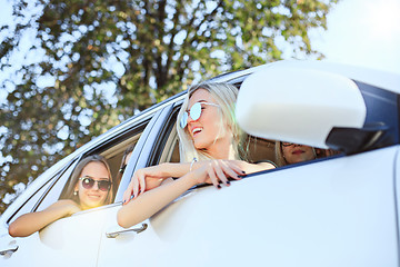 Image showing The young women in the car smiling