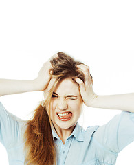 Image showing cute young woman making cheerful faces on white background, mess